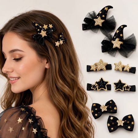 Custom witch hat hair clips, star alligator clips, and bow hair pins, retail-ready B2B Halloween collection.