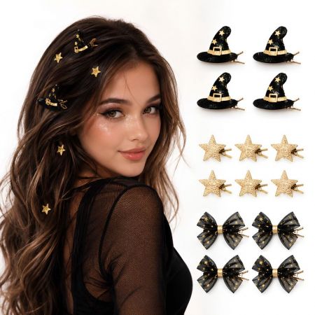 Bulk glittery witch hat hair pins, gold star clips, and mesh bow barrettes for wholesale fashion distributors.
