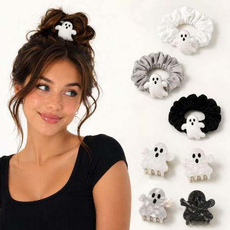 Cute plush ghost scrunchies and marbled acrylic ghost claw clips, private label Halloween hair goods supplier.