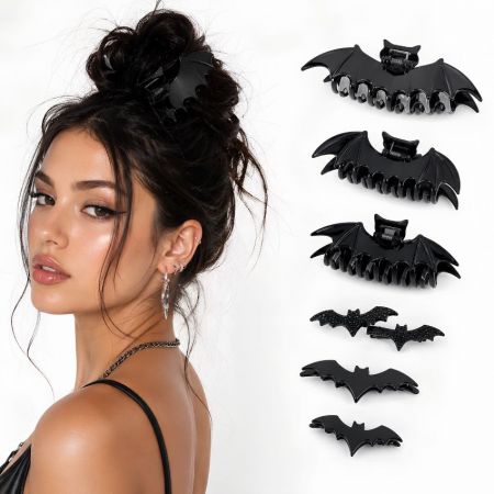 Black bat wing claw clips and rhinestone bat hair pins, high-quality bulk Halloween novelty hair accessories.