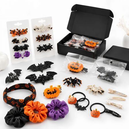 Custom Halloween hair accessories wholesale set featuring headbands, scrunchies, spider clips, and branded packaging.