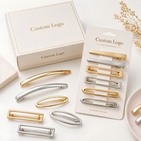 Custom logo minimalist metal snap hair clips card and rigid box set, private label hair jewelry supplier.
