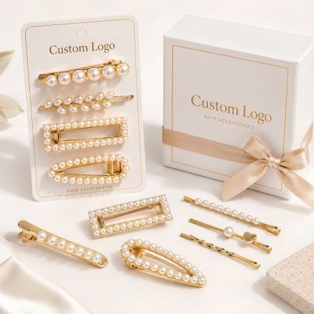 Wholesale elegant imitation pearl gold hair clips display card with custom logo gift box and ribbon decoration.