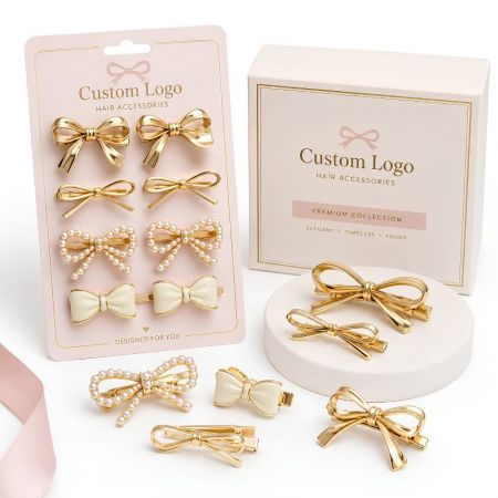 Gold metal bow hair clips and pearl bow bobby pins display card, custom logo hair accessories bulk factory.