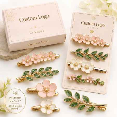 Premium enamel floral and leaf gold alloy hair clips set with custom private label branding gift box.