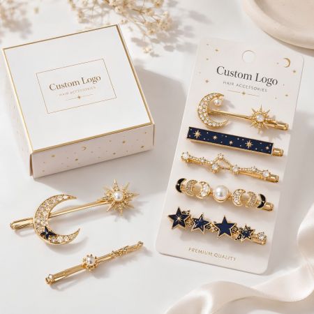 Celestial moon star rhinestone hair barrettes and navy enamel clips card, B2B wholesale hair jewelry manufacturer.