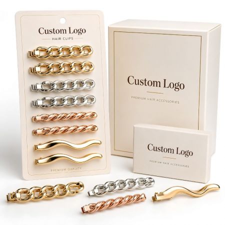 Chunky gold silver cuban link chain hair clips and wavy barrettes on display card, bulk hair accessory vendor.