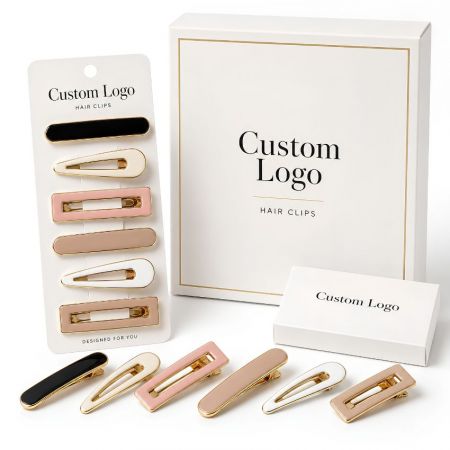 Pastel enamel geometric metal hair barrettes and teardrop clips display, private label wholesale hair salon supply.