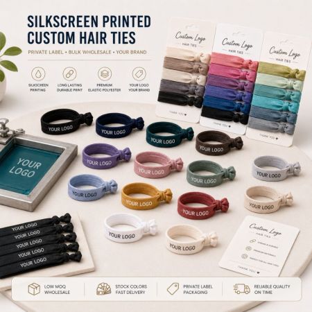 Silkscreen printed custom hair ties with long-lasting durable brand logo print on premium elastic polyester bands.