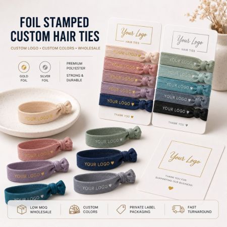 Premium custom hair ties featuring gold and silver foil stamped logos on metallic-finish private label cards.