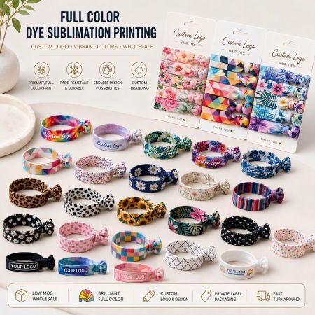 Full color dye sublimation printing on custom hair ties with vibrant geometric, floral, and sunflower patterns.