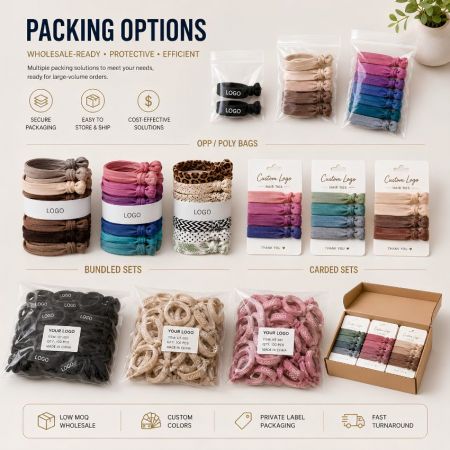 B2B packaging options for wholesale hair ties including poly bags, bundled sets, carded sets, and custom boxes.