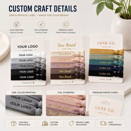OEM private label craft details for custom hair ties showing one-color printing, foil stamping, and paper cards.