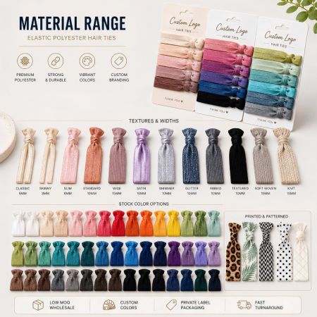 Elastic polyester hair ties material range showcasing various widths, textures, colors, and patterned stock options.