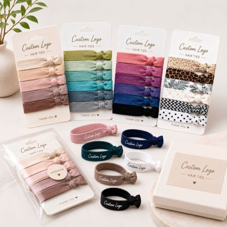 Custom logo elastic hair ties displayed with retail-ready cardboard hanger packaging and premium gift box options.