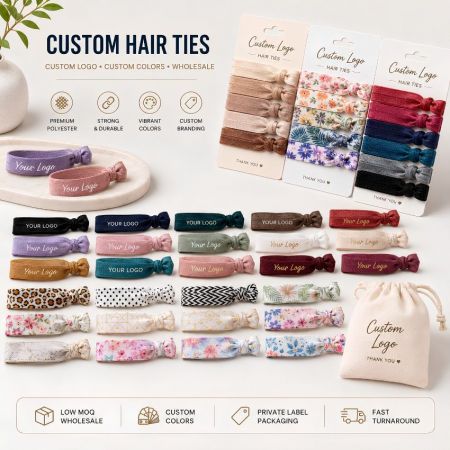 Wholesale custom hair ties in solid colors and floral patterns with private label branding cards and drawstring pouch.