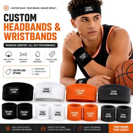 Basketball player wearing custom cotton blend headband and wristband with woven brand logo patches for sports teams.
