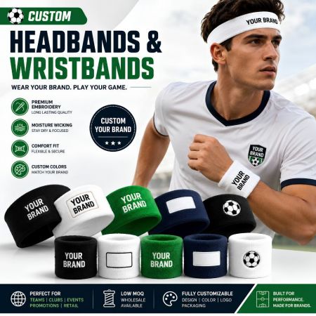 Runner wearing custom embroidered sweatband alongside green, navy, and white soccer-themed promotional wristbands.