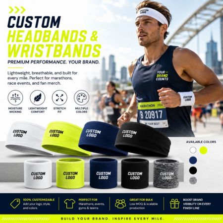 Marathon runner wearing bulk custom printed headbands and lightweight breathable wristbands for race events.