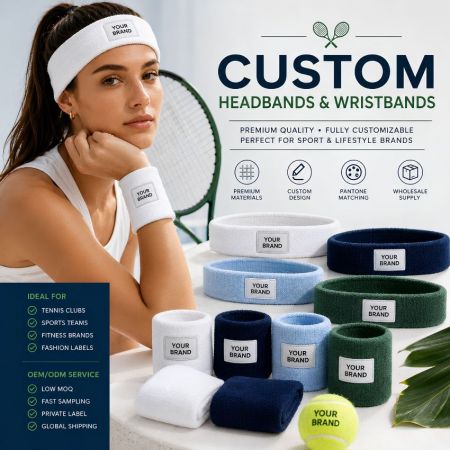 Premium private label terry cloth headbands and matching wristbands for tennis clubs and fitness brands supply.