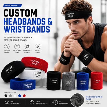 Athlete wearing stretch fit moisture wicking custom logo headband and wristband set in red, grey, and blue colors.