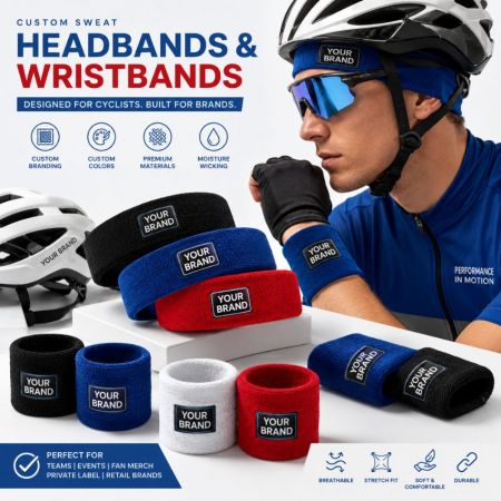 Cyclist in helmet wearing custom branded sports headbands and sweat-absorbent athletic wristbands for fan merch.