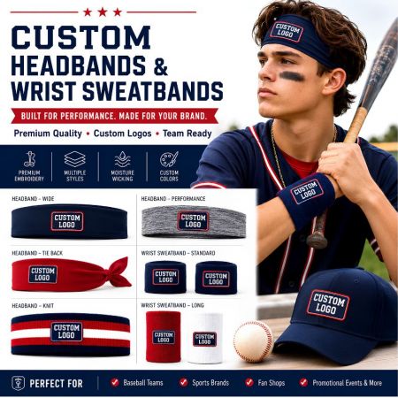Baseball player with custom embroidered wide, performance, tie-back, and knit headbands with matching team cap.