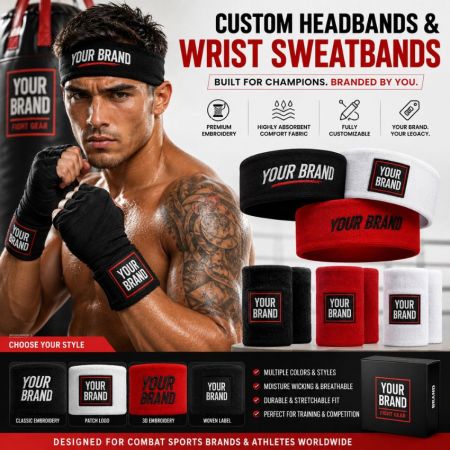 Boxer with custom 3D embroidery and woven label fight gear headbands and hand wrap wristbands for combat sports.