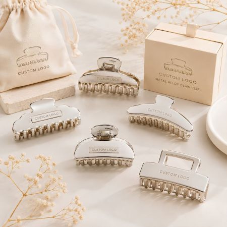 Silver metal alloy claw clips wholesale with custom brand logos, premium packaging boxes, and fabric gift bags.
