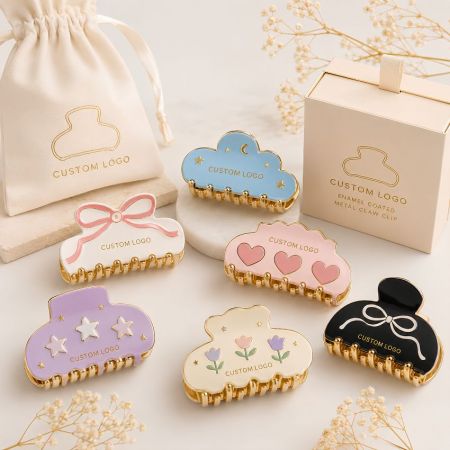 Enamel coated metal hair claw clips with custom logos in cute cloud, heart, bow, and flower shapes wholesale.