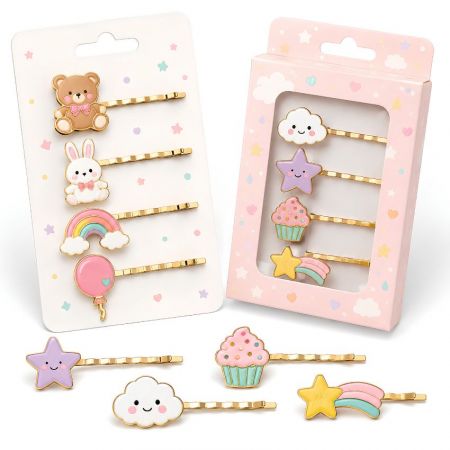 Wholesale cute enamel hair pins for kids featuring bear, rabbit, and cupcake charms with private label packaging.