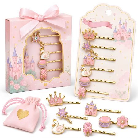 Princess themed custom hair slides set with crown, castle, and swan charms in a pink gift box with drawstring pouch.