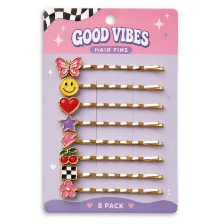 Bulk wavy gold hair pins retail display card featuring 8 pack of custom retro smiley face and cherry enamel charms.