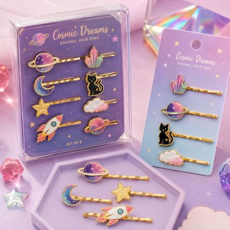 Cosmic dreams themed custom enamel bobby pins set featuring planet, rocket, and cat charms in clear acrylic display boxes.