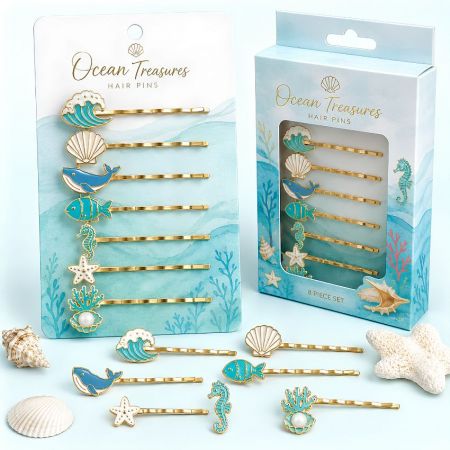 Ocean treasures custom metal hair pins featuring whale, seahorse, and starfish enamel charms for boutique suppliers.
