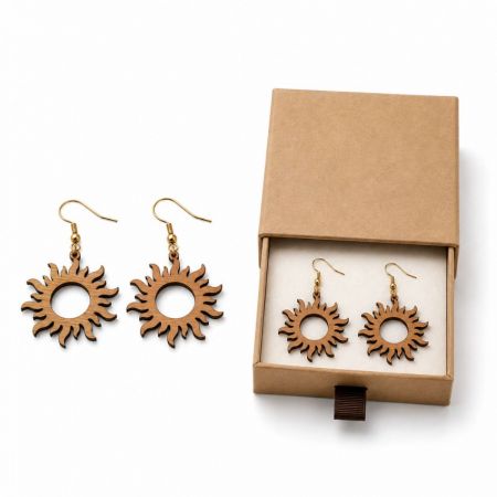 Wholesale sun-shaped laser-cut wood dangle earrings with sustainable kraft paper gift box packaging for retail.