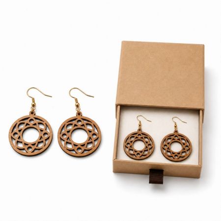 Geometric mandala laser-cut wood earrings with hypoallergenic hooks and premium cardboard slider gift box.
