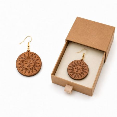Engraved sun face wooden disc earrings with sustainable brand packaging box for boutique jewelry wholesale.