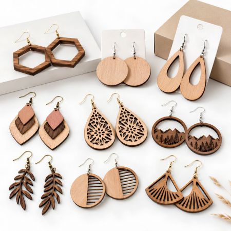 Custom Wood Earring - A diverse collection of wholesale laser-cut wooden earrings in geometric, leaf, and mountain designs.