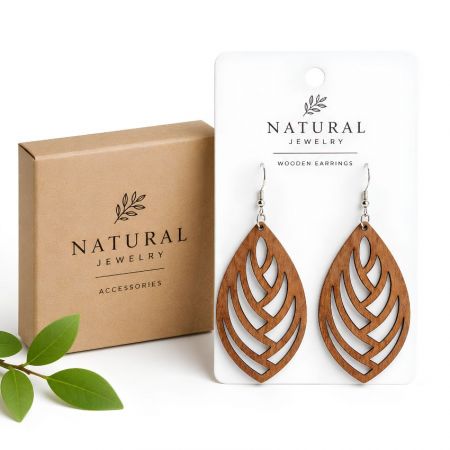Intricate hollow leaf-shaped natural wood dangle earrings on a white card with a branded kraft jewelry box.