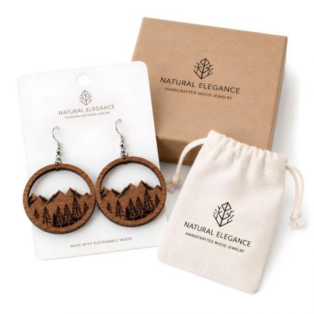 Circular laser-engraved mountain pine tree wood earrings, shown with a branded canvas pouch and kraft box.