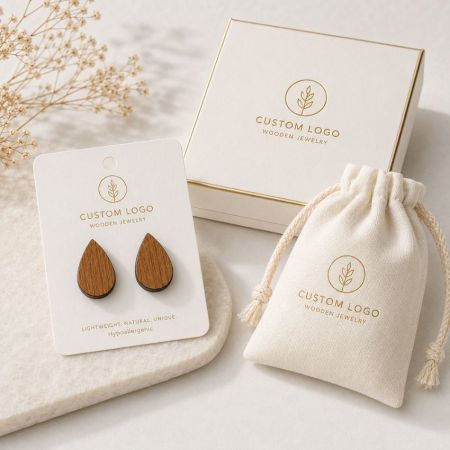 Wooden Stud Earrings - Teardrop wooden stud earrings on a display card with a branded cream jewelry box and cotton drawstring pouch.