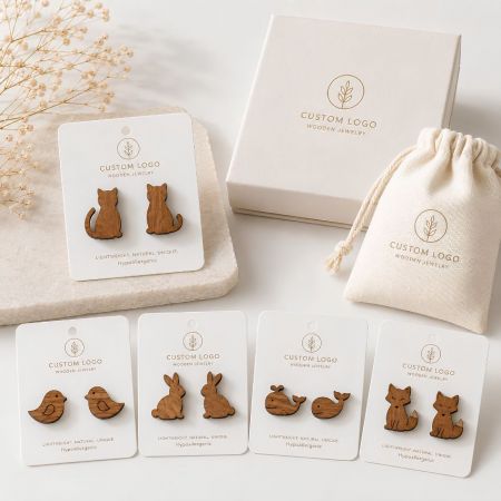Wholesale animal-shaped wooden stud earrings featuring cat, bird, rabbit, whale, and fox laser-cut designs.
