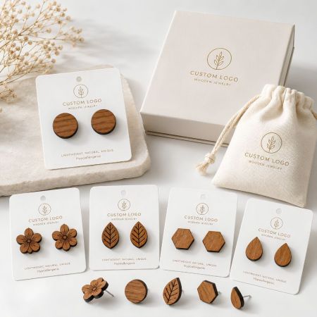 Geometric and floral wood stud earrings set, displayed with custom-branded eco-friendly jewelry packaging.