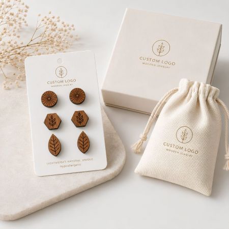 A multi-pack card of engraved wooden stud earrings in round sunburst, hexagon leaf, and leaf silhouette shapes.