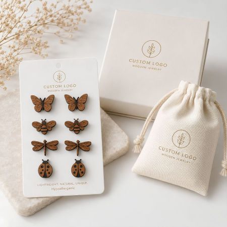 Insect-themed wood stud earrings pack showcasing laser-engraved butterfly, bee, dragonfly, and ladybug designs.