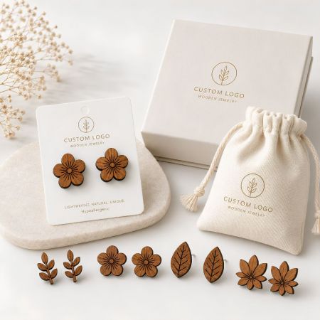 Plumeria flower wooden stud earrings displayed alongside various botanical and maple leaf wood earring studs.