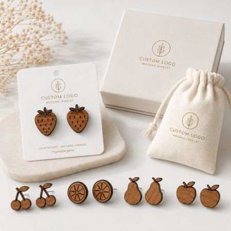 Fruit-shaped wooden stud earrings collection featuring strawberry, cherry, orange, pear, and apple designs.