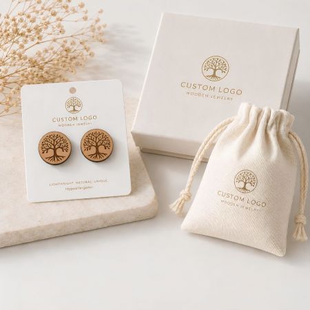 Laser-engraved tree of life round wooden stud earrings, shown with premium branded cream jewelry gift packaging.