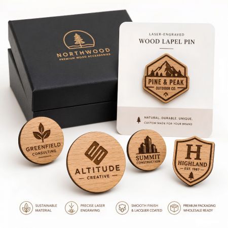 Laser-engraved custom wood lapel pins with corporate logos, displayed on a product card beside a black box.